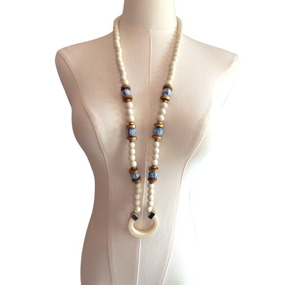 20" Ivory Cream Beaded Necklace Blue Asian Inspired Beads with - Picture 3 of 6